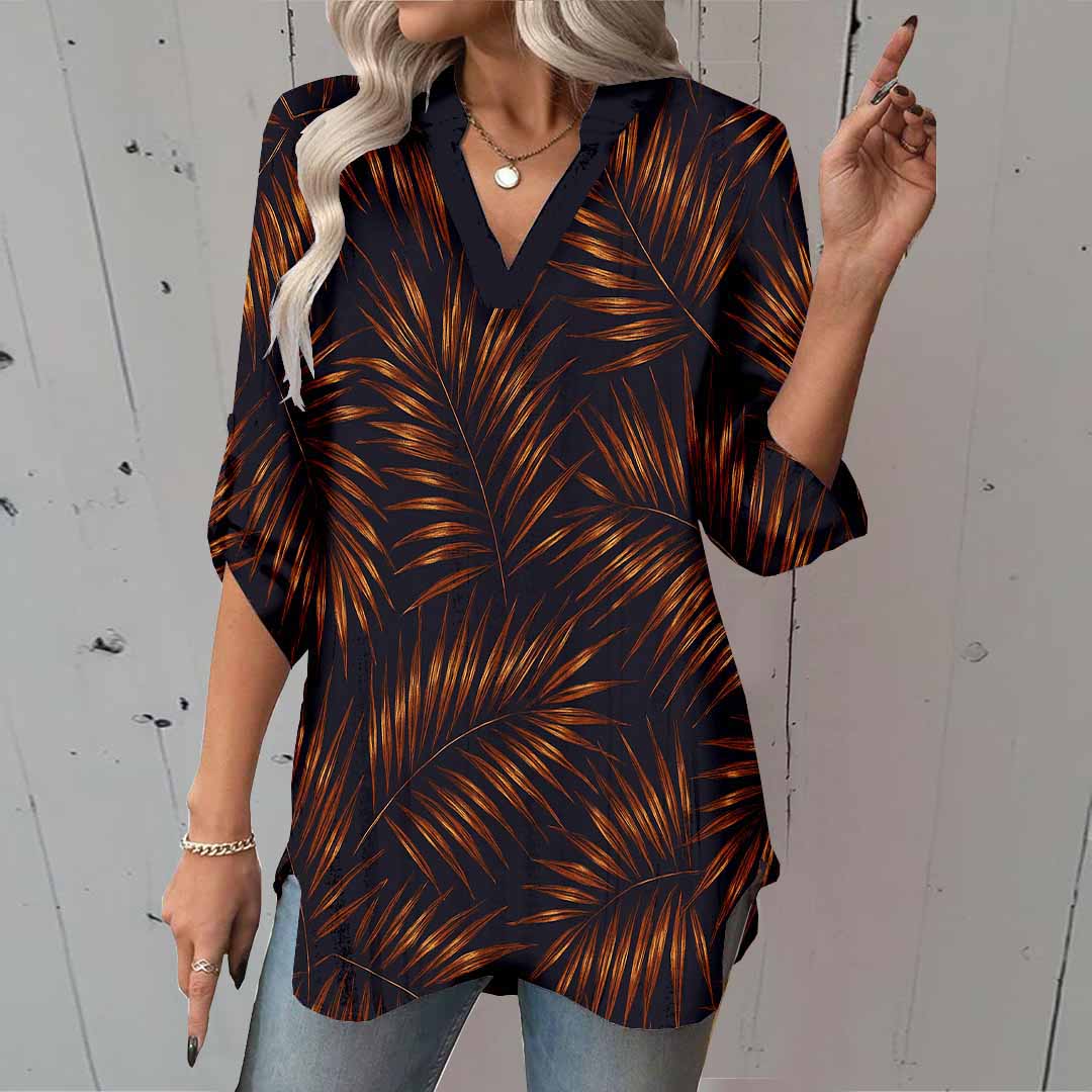 Women Black, Leaves, Orange DZGA0380 3/4 Sleeve V-neck Printed Graphic Button Tops