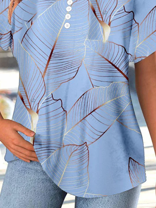 Women Short Sleeve V-neck Printed Graphic Button Tops