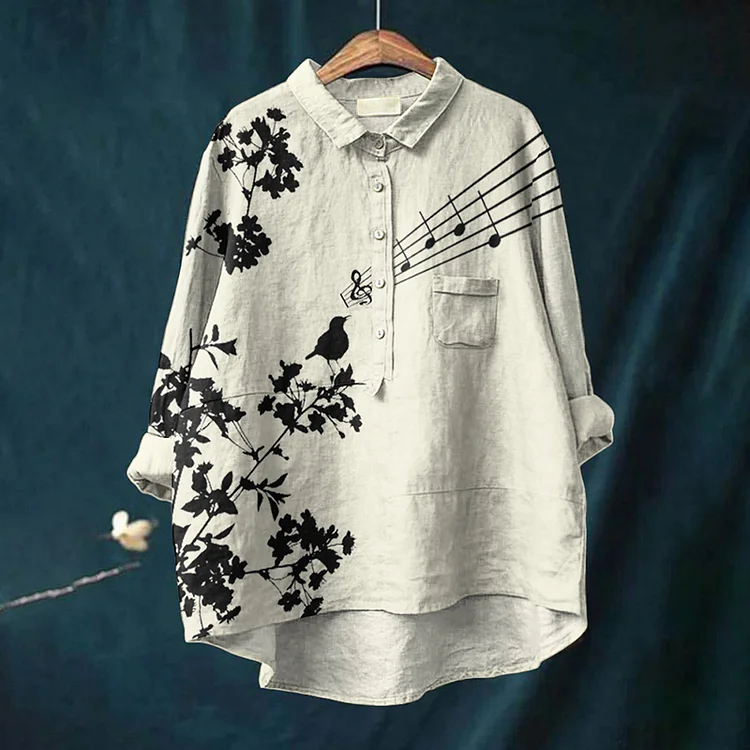 Casual Singing Bird On The Branch Printed Cotton Linen Shirt
