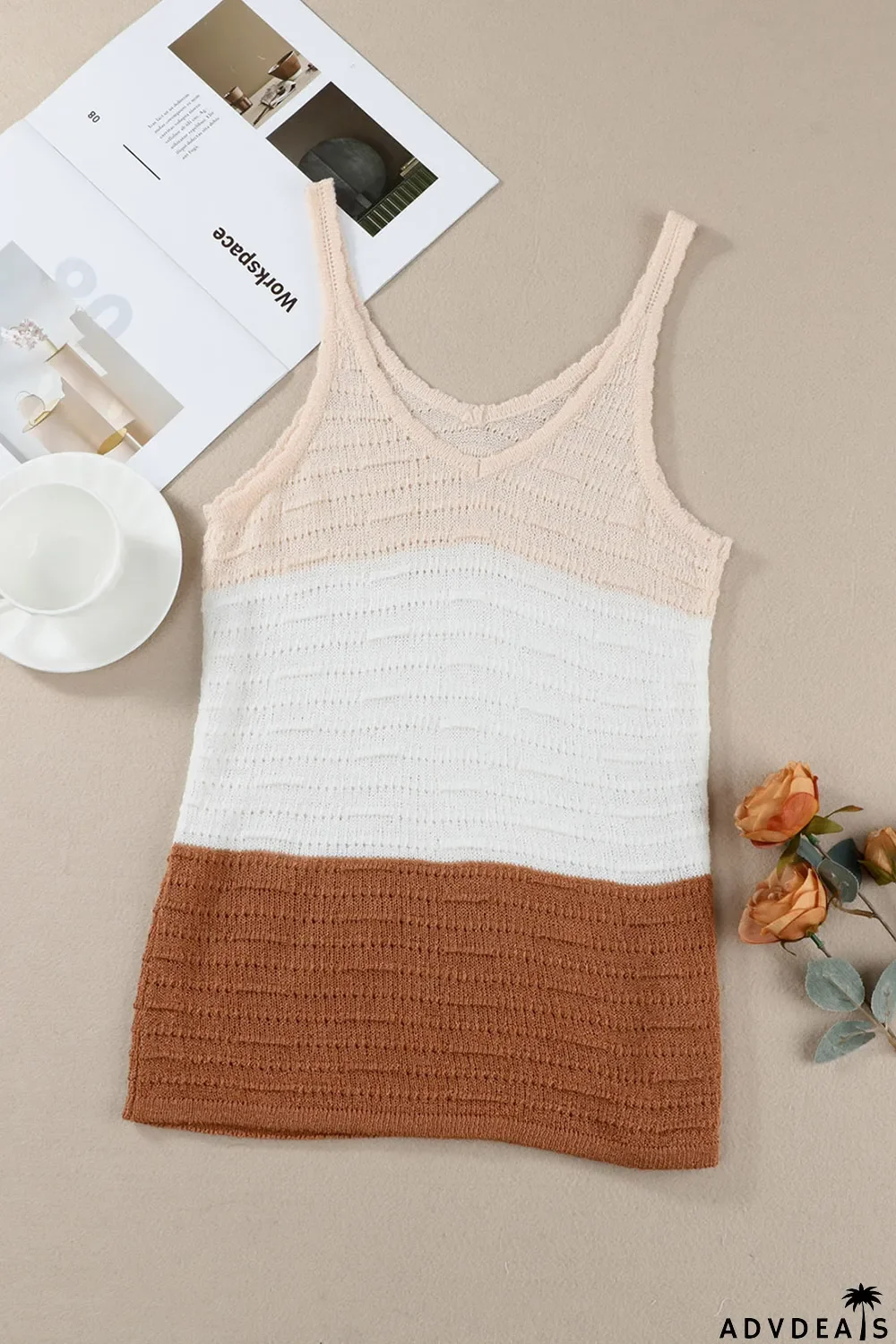 Khaki Striped Knit Color Block Tank Top