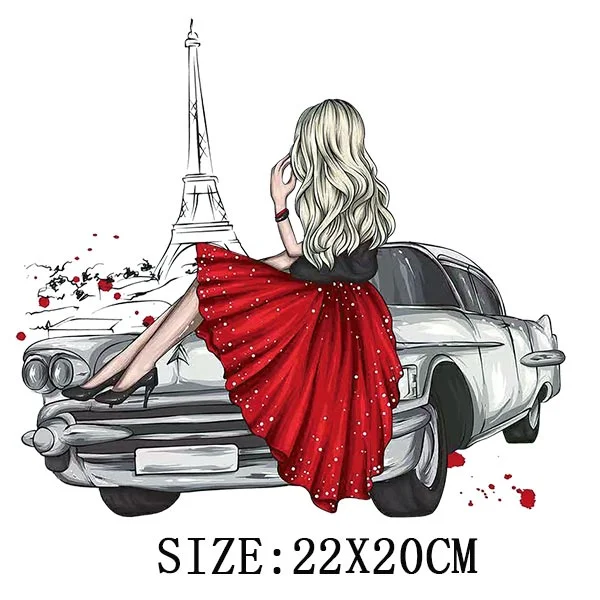 Pretty Girl&Car Iron On Transfer For T-shirt DIY Washable Thermal Sticker Fashion Design Patches On Clothes Appliqued Decoration