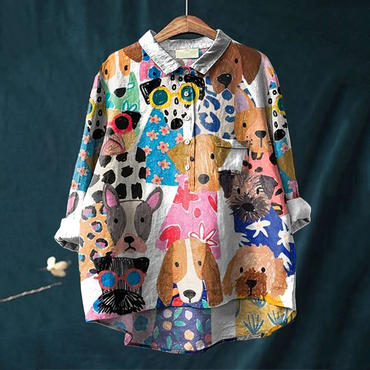 Comstylish Women's Colorful Fun Cartoon Puppy Print Casual Shirt