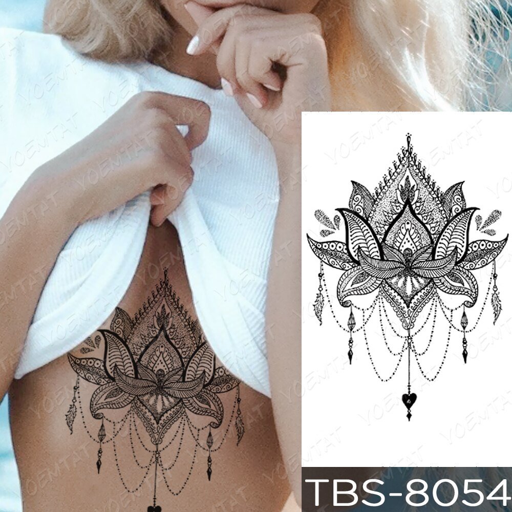 Gingf Temporary Tattoo Sticker Chest Lace Henna Mandala Flash Tattoos Wolf Diamond Flower Body Art Arm Fake Tatoo Women Men