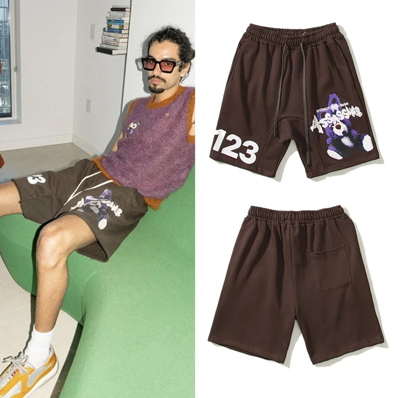 RRR123 Graffiti Letters Cartoon Printed Terry Shorts Retro Loose Casual Sweatpants