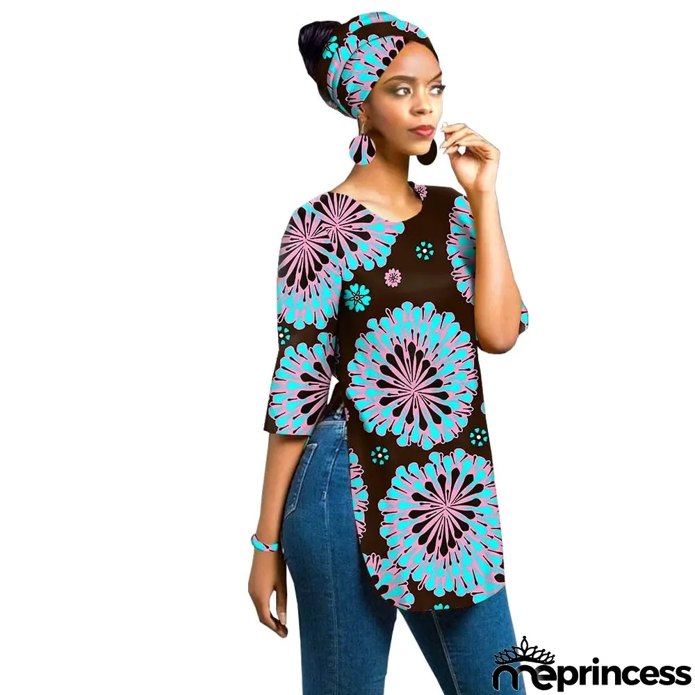 African full cotton batik printing ladies Three-Piece top + headscarf + earrings