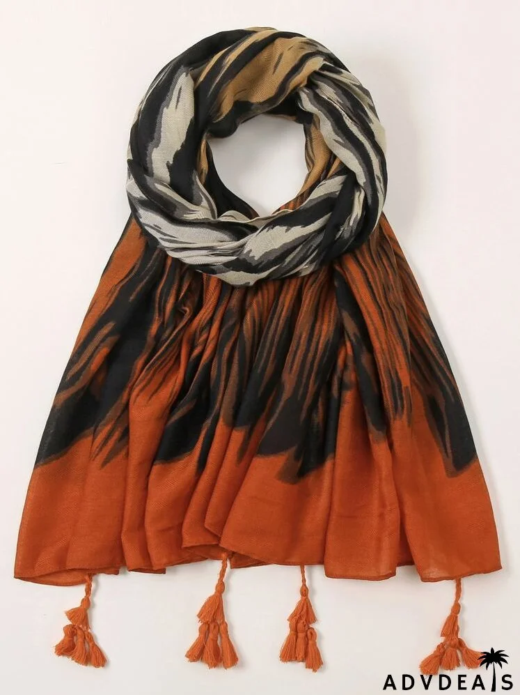 Tassel Decor Graphic Scarf