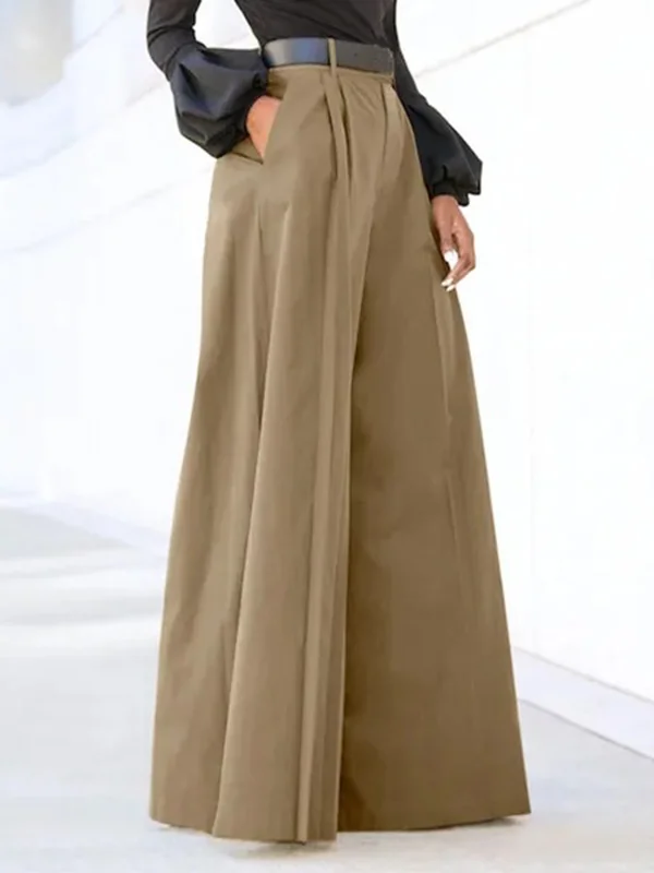 Pleated Solid Color Split-Joint High Waisted Loose Trousers Pants