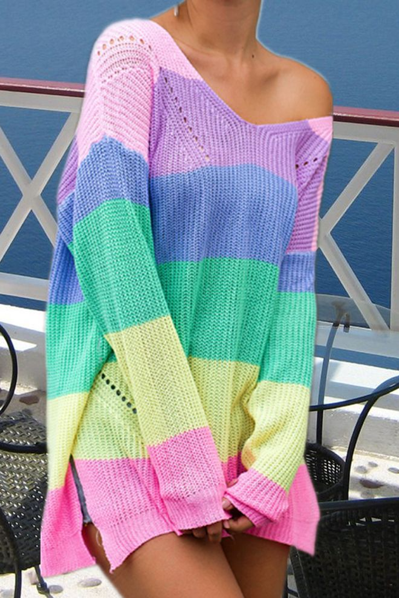 Rainbow Stripe V-Neck Casual Sweater