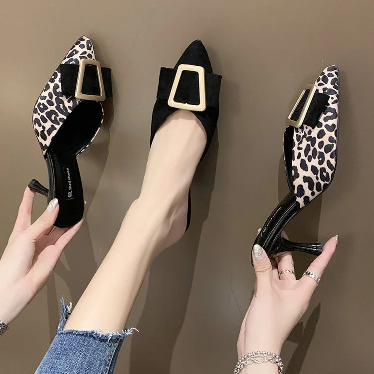 Wongn Wongn 2023 New Korean Version Of Leopard Print Metal Buckle Baotou Half-Length Sandals High Heels Women's Shoes