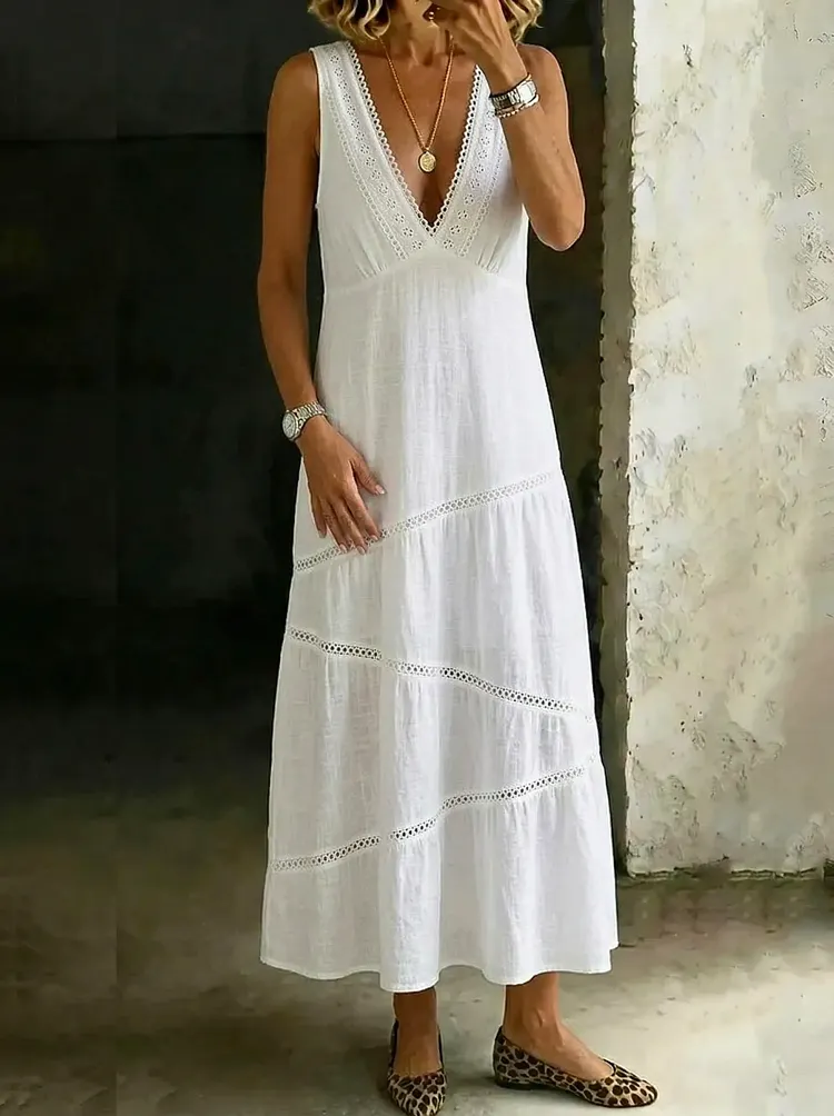 Casual Solid-color V-neck Sleeveless Lace-trimmed Dress