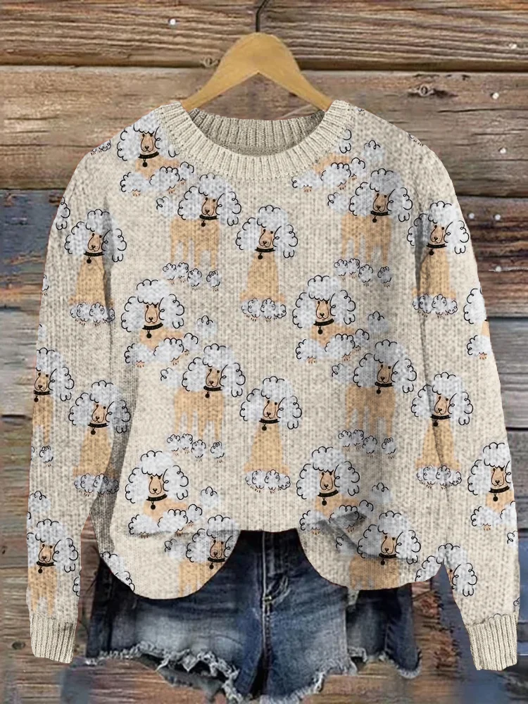 VChics Lovely Poodles Pattern Cozy Knit Sweater