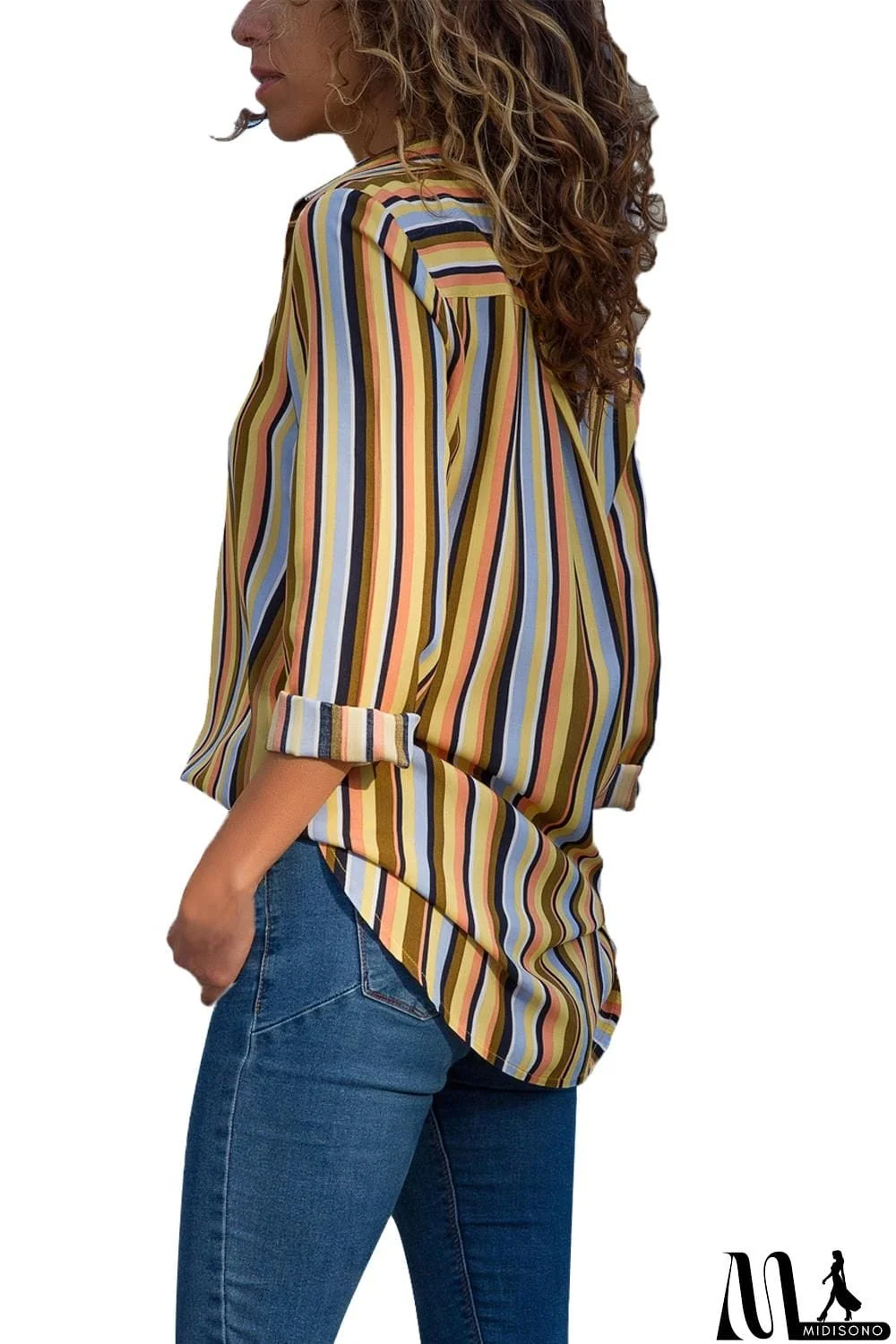 MidiSono - Navy Blue Color Block Long Sleeve Button Up Shirt