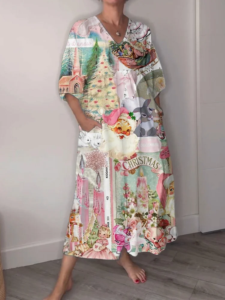 Women's Vintage Christmas Stitchwork Print Pocket V-neck Cotton Dress