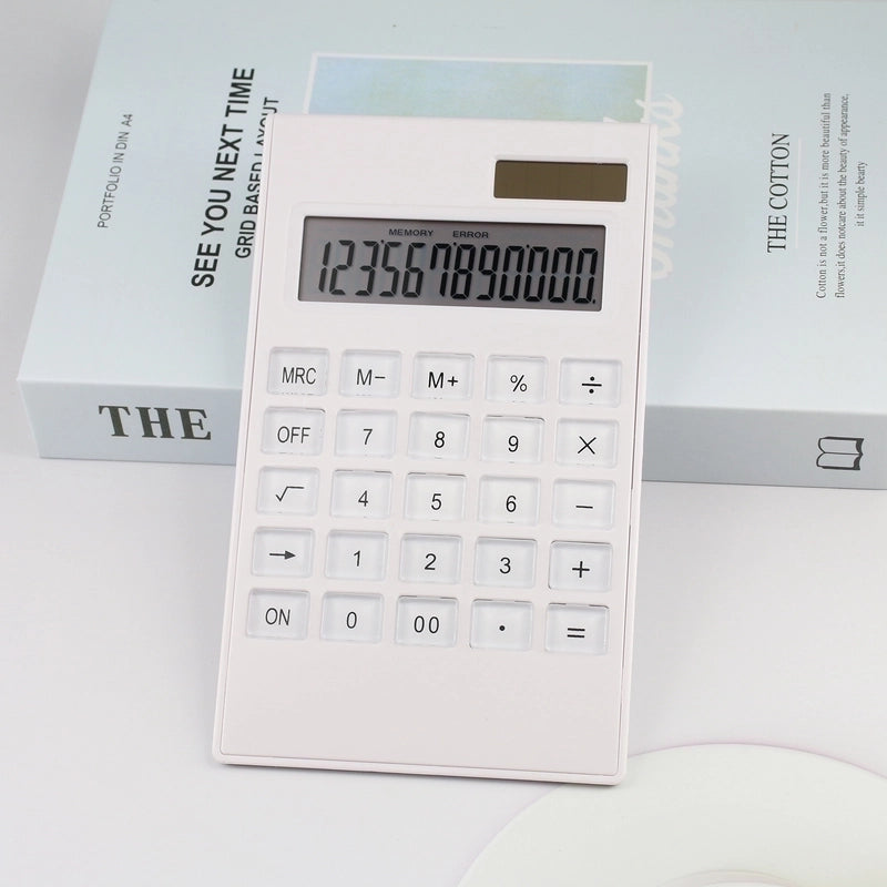 Solar White Calculator 12-bit Crystal Button Dual Power Gift Office Computer