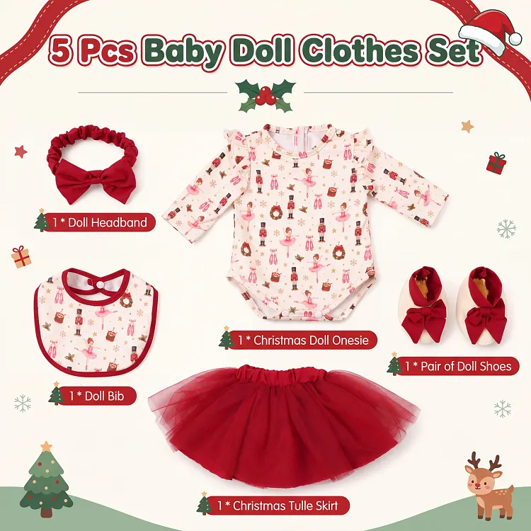 Christmas Tulle Dress Outfit Set for 20 Inch Reborn Baby Dolls &ndash; Holiday Onesie, Skirt, Shoes & Accessories Doll Clothes