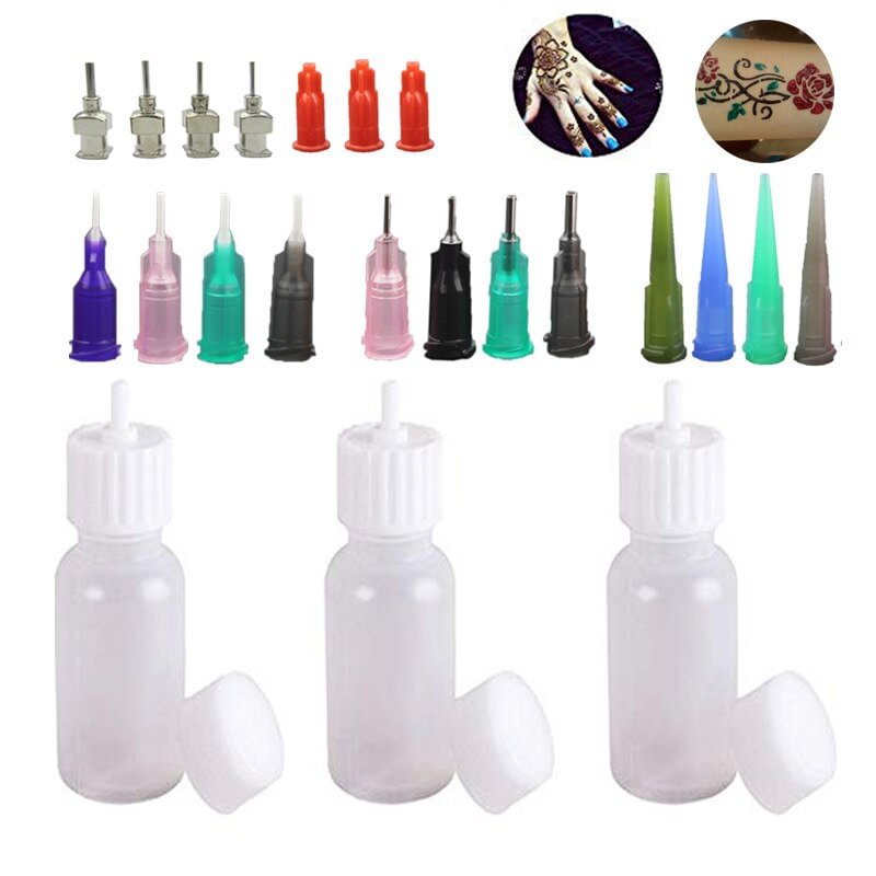 30ML Multi Purpose Precision Applicator Set 3Pcs Henna Bottle with 16 Pcs Needle Tips Sizes, Refillable Bottles for Body Paint