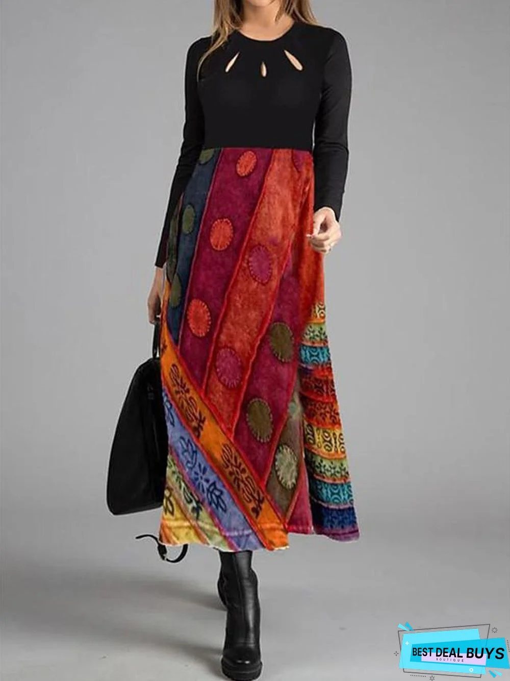 Women's Shift Dress Maxi Long Dress Long Sleeve Print Color Block Patchwork Print Fall Casual Red Black Dresses