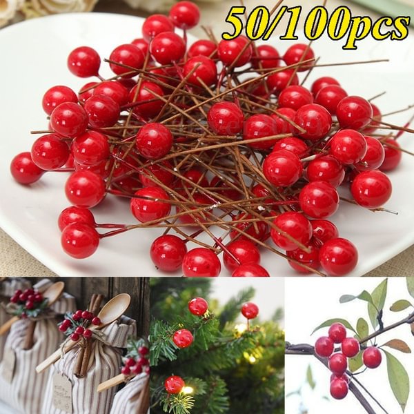 50/100Pcs Artificial Red Holly Berry Xmas Tree Hanging Decor Ornament Christmas Decor on Wire Bundle Garland Wreath - Shop Trendy Women's Fashion | TeeYours