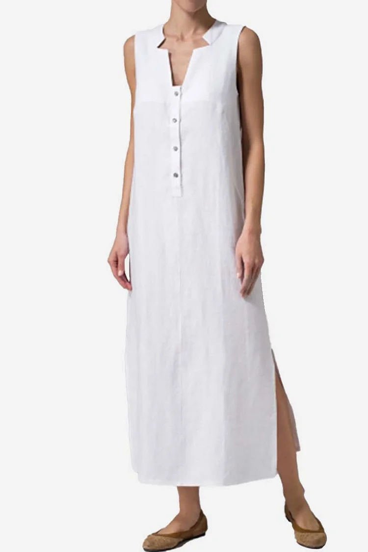 Irregular Neck Sleeveless Button Slit Hem Linen Casual Maxi Dress