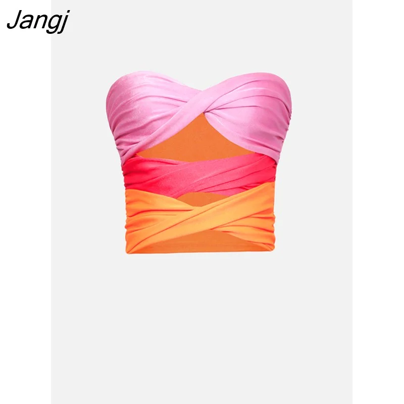 Jangj Color Tube Tops Women Strapless Corset Tops Summer Basic Backless Off Shoulder Crop Top Bustier Casual Streetwear