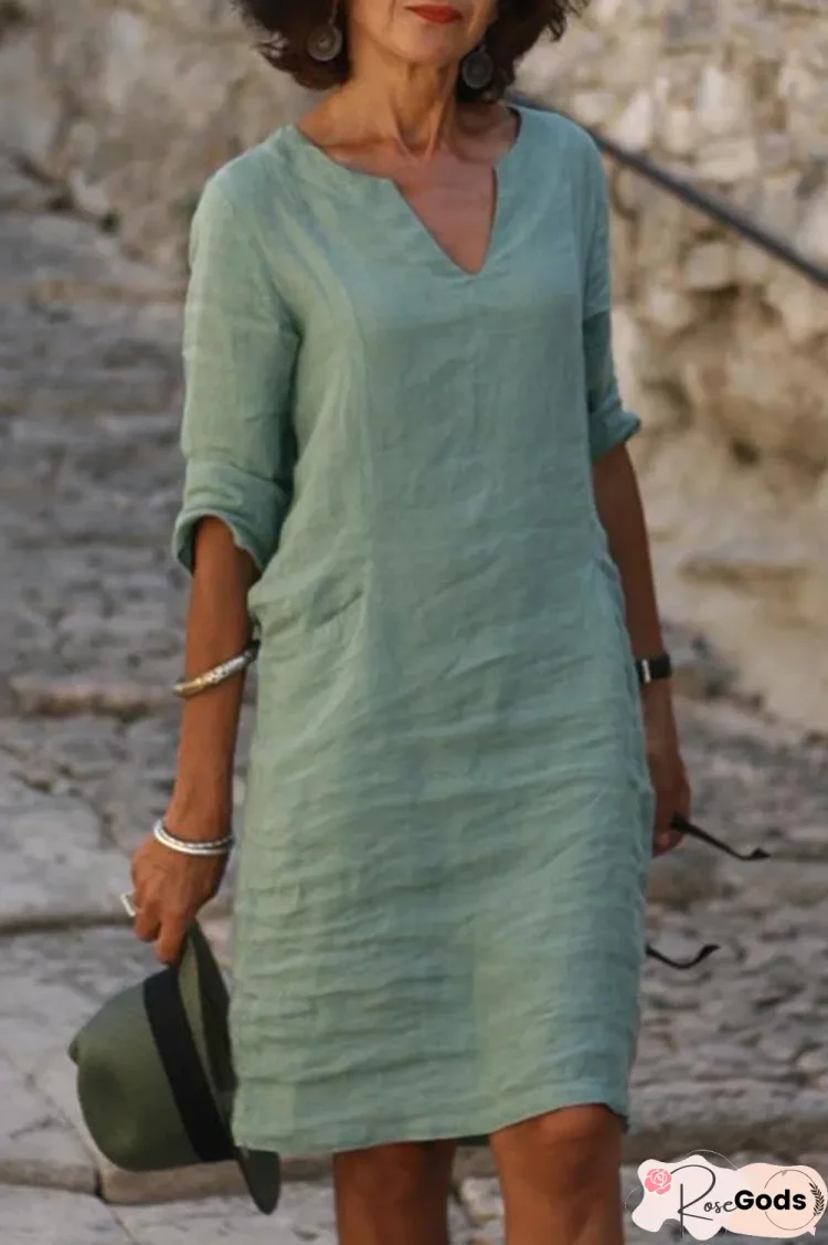 V-Neck Solid Vintage Long Sleeves Midi Dress Linen