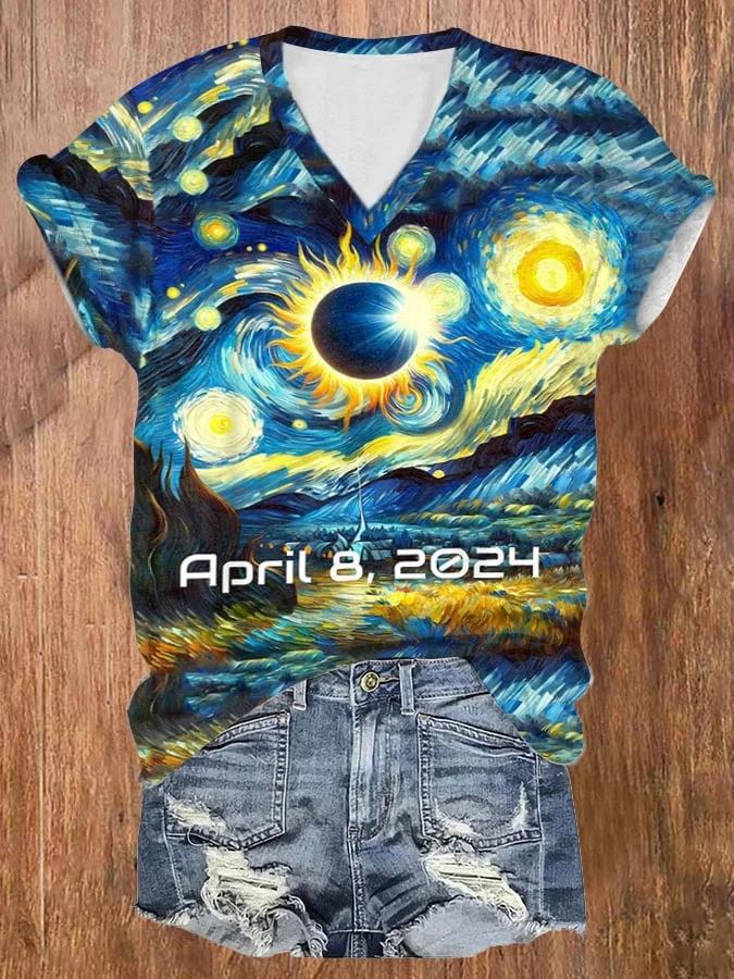 V-Neck Retro Starry Night & Solar Eclipse Of April 8, 2024 Print T-Shirt socialshop