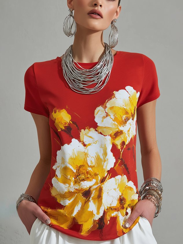 Elegant Floral Printing Crew Neck T-shirt mysite idetrend