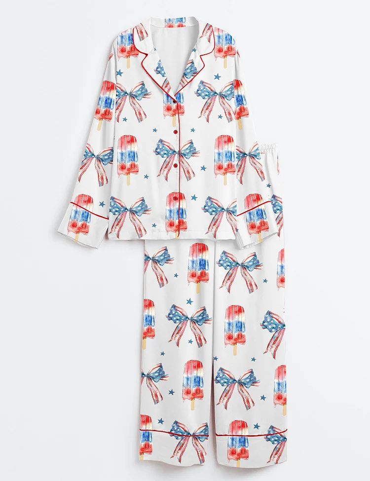Women&rsquo;s Fourth of July Popsicle Patriotic Coquette Bow American Pride Red White Blue Long Sleeve Satin Pajama Set