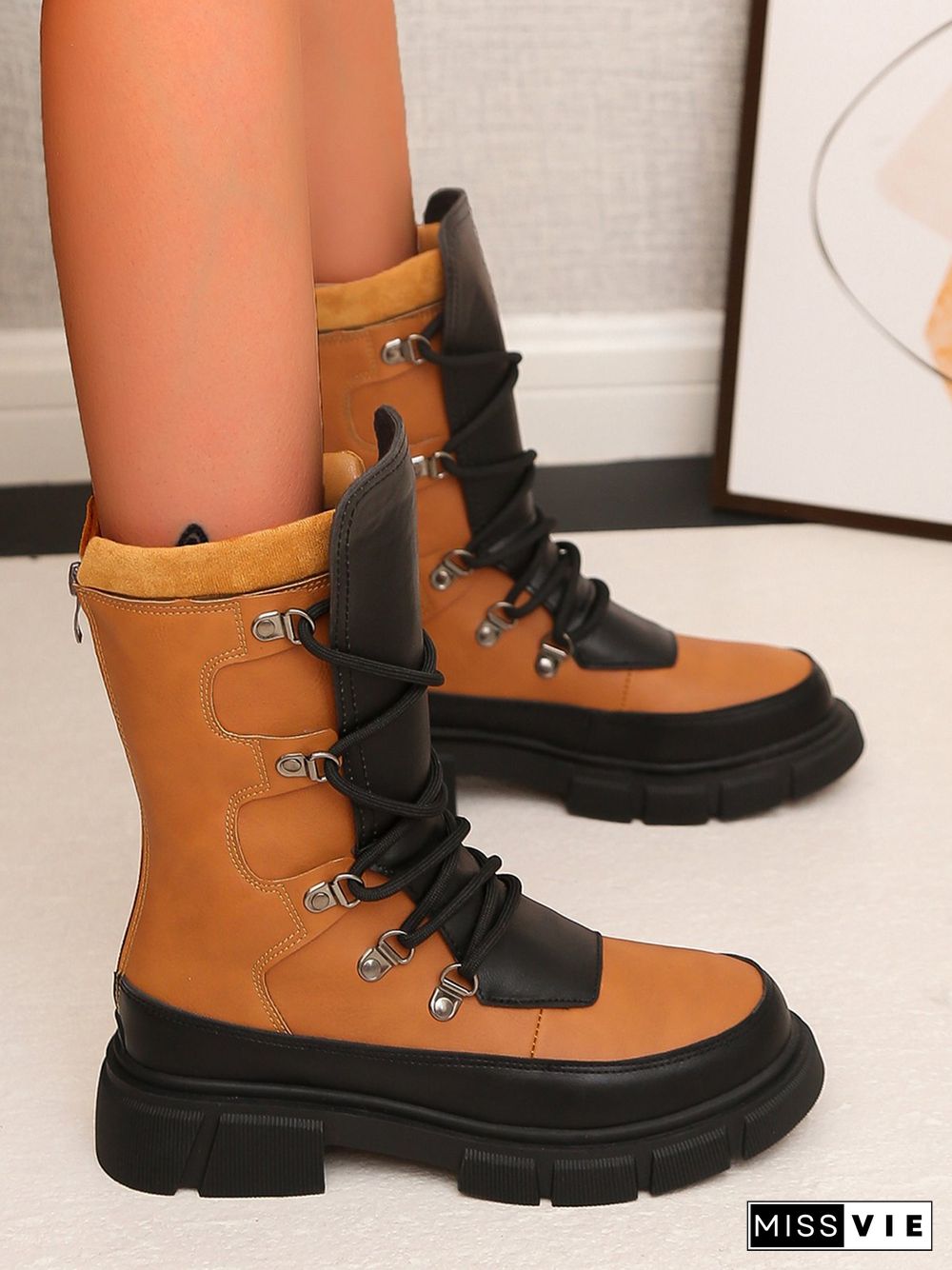 Vintage Contrast Lace-Up Tall Chunky Heel Outdoor Boots