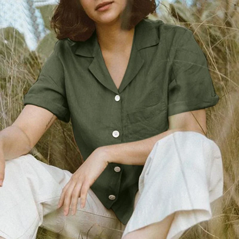 Uveng Shirt Solid Color Cotton Linen Pocket Blouses