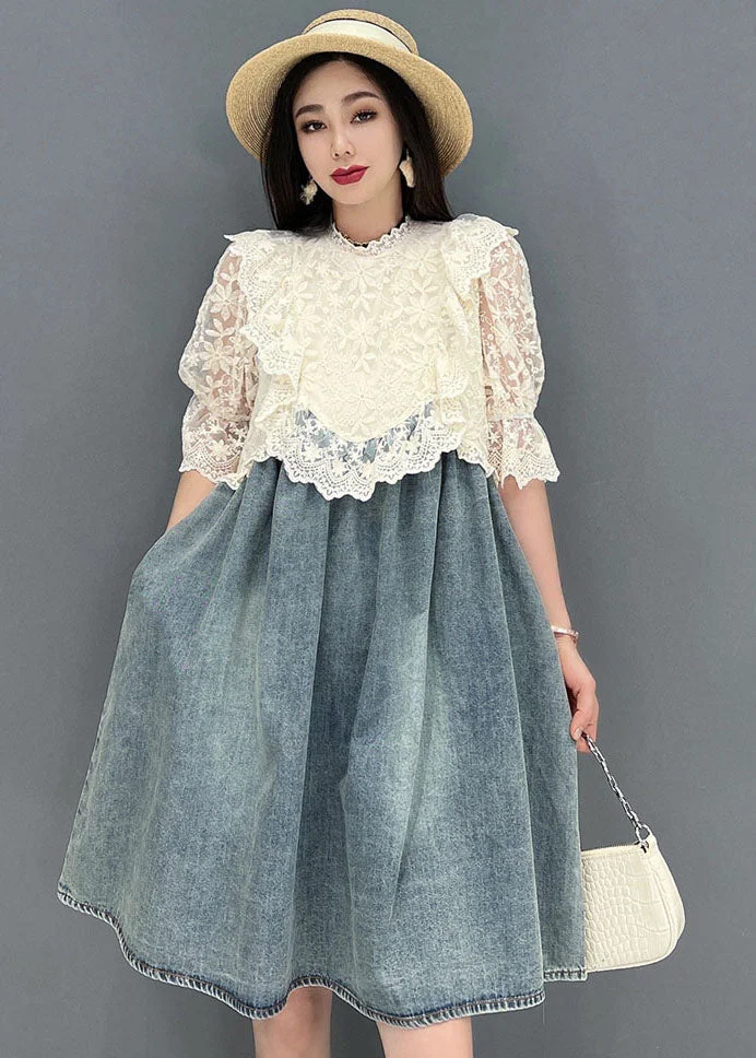 4.23French Blue Stand Collar Hollow Out Lace Patchwork Cotton Denim Mid Dresses Short Sleeve