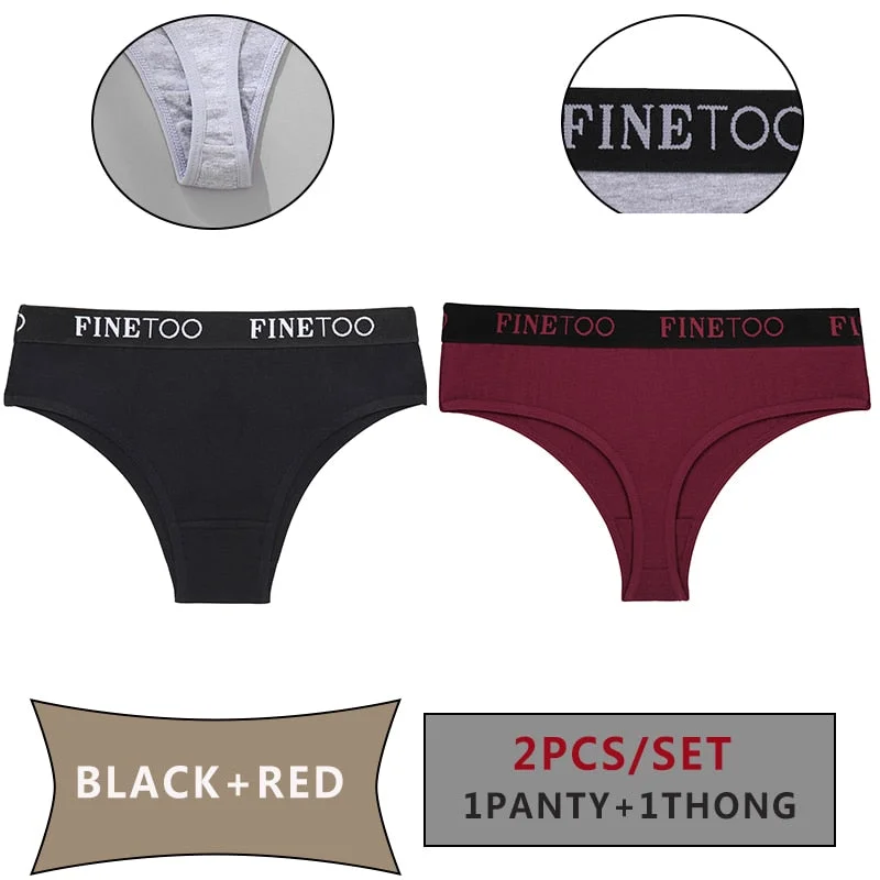 FINETOO 2PCS/Set Women Cotton Panties Sexy Letter Underwear Panty Thong Low Waisted 1Panty+1G-string Brief Tanga Lingerie Femme