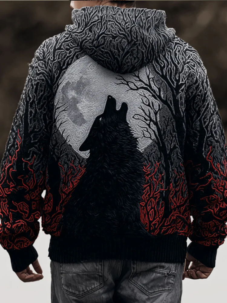 Men's Wolf Howl Full Moon 3d Embroidered Hoodie Sweater