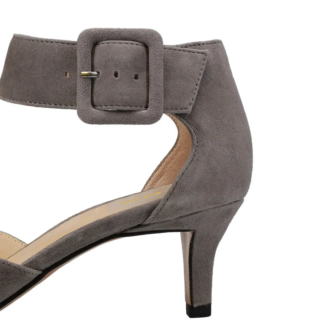 Grey Vegan Suede Peep-Toe Buckled Ankle Strap Kitten Heeled Sandals