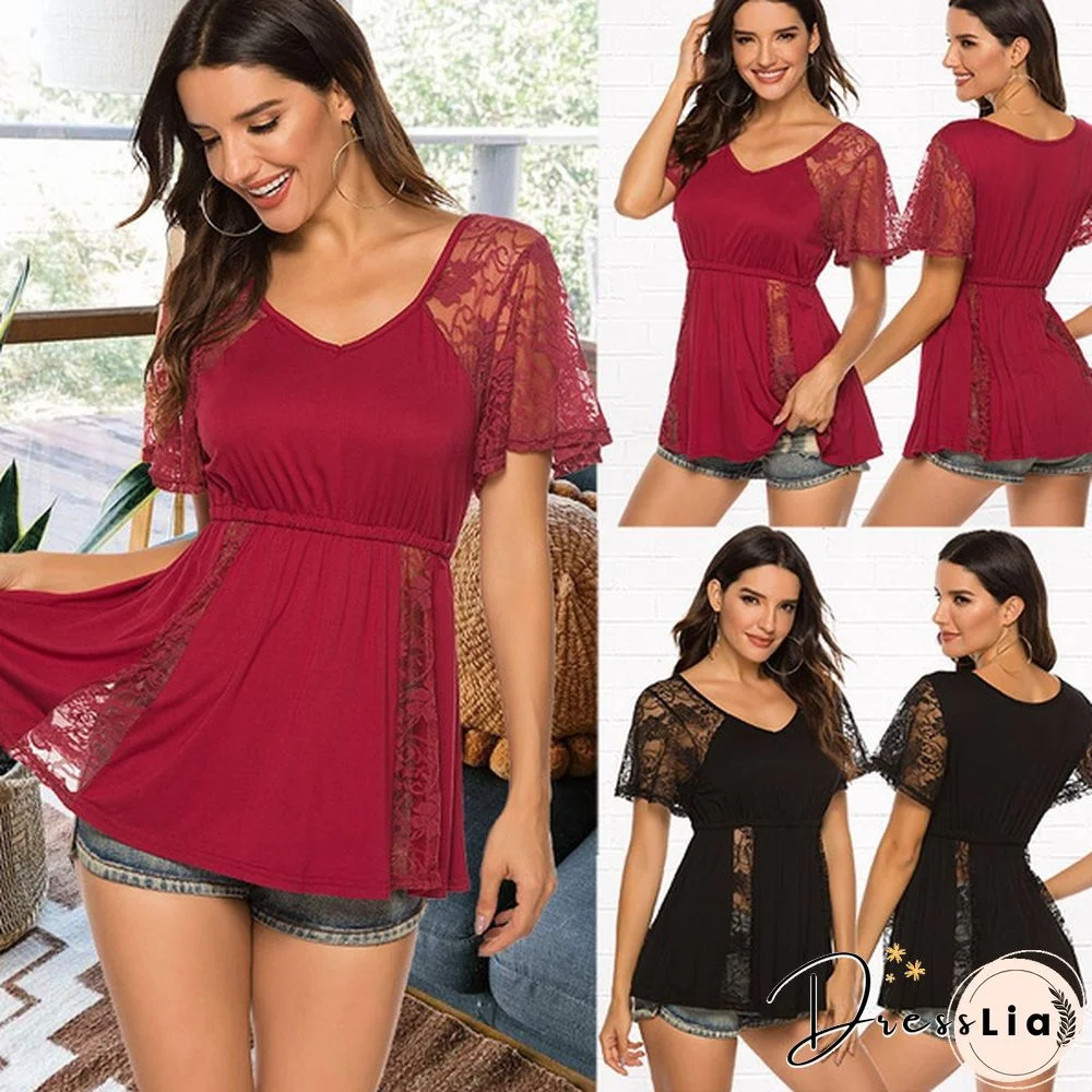 Women Fashion Summer Sexy Hollow Lace V-Neck Short Sleeve Tops