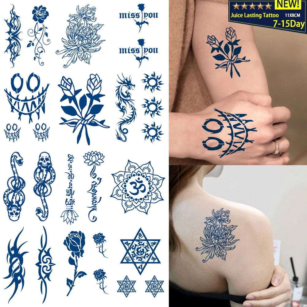Sdrawing Stickers Semi-permanent Plant Lasting Tattoo Blue Henna Lace Flower Arm Non-reflective Herbal Juice Tattoo Waterproof