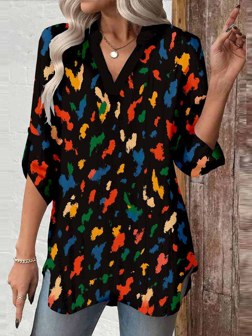 Women Splashes, Black, Color DZGA0366 3/4 Sleeve V-neck Printed Graphic Button Tops