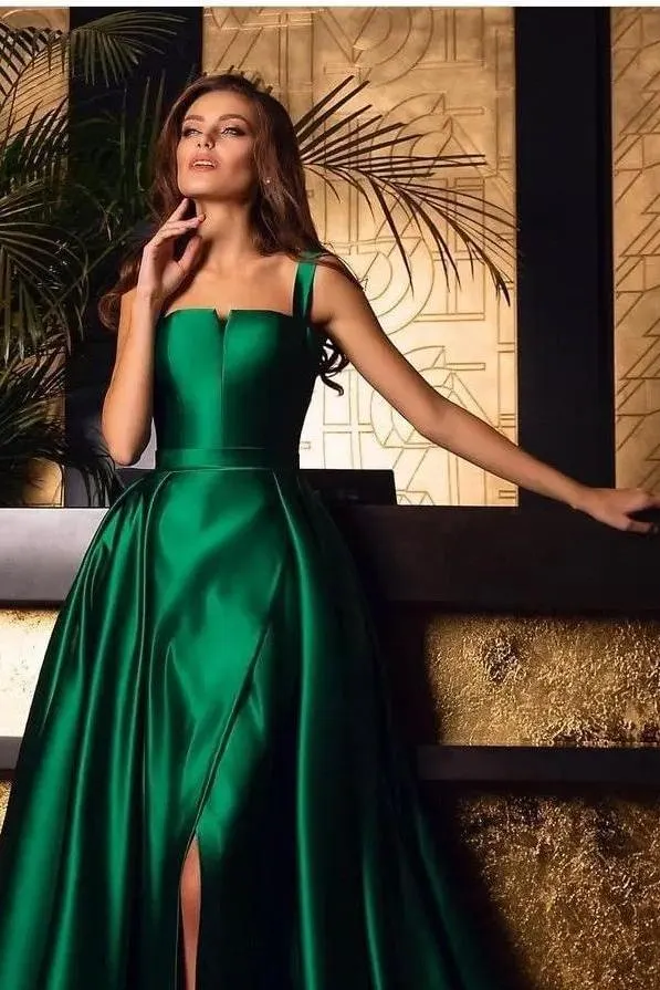 Daisda Charming Dark Green Satin Spaghtti Strap Sleeveless Long Prom ...