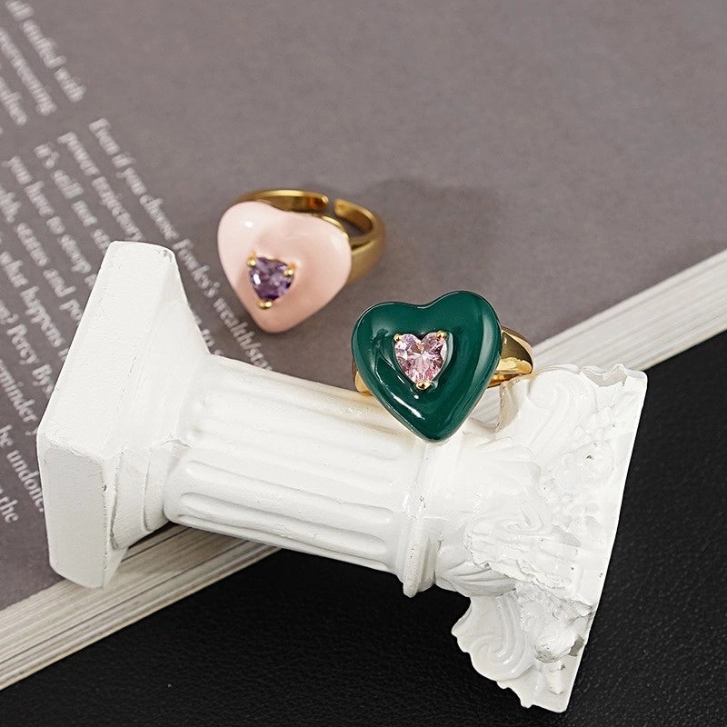 Copper Gold Plated Silver Plated Classical Retro Inlay Heart Shape Zircon Open Rings