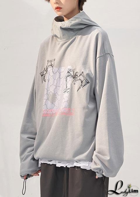 Chic gray prints cotton clothes For Women fall loose patchwork hooded Sweat shirt