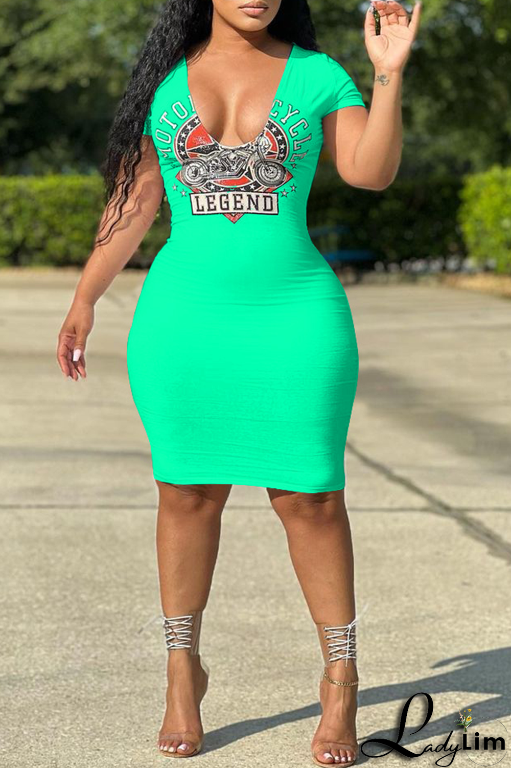 Tangerine Red Fashion Print Patchwork V Neck Pencil Skirt Dresses