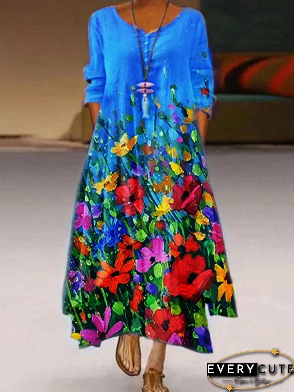 Casual Printed Floral 3/4 Sleeve Weaving Dress