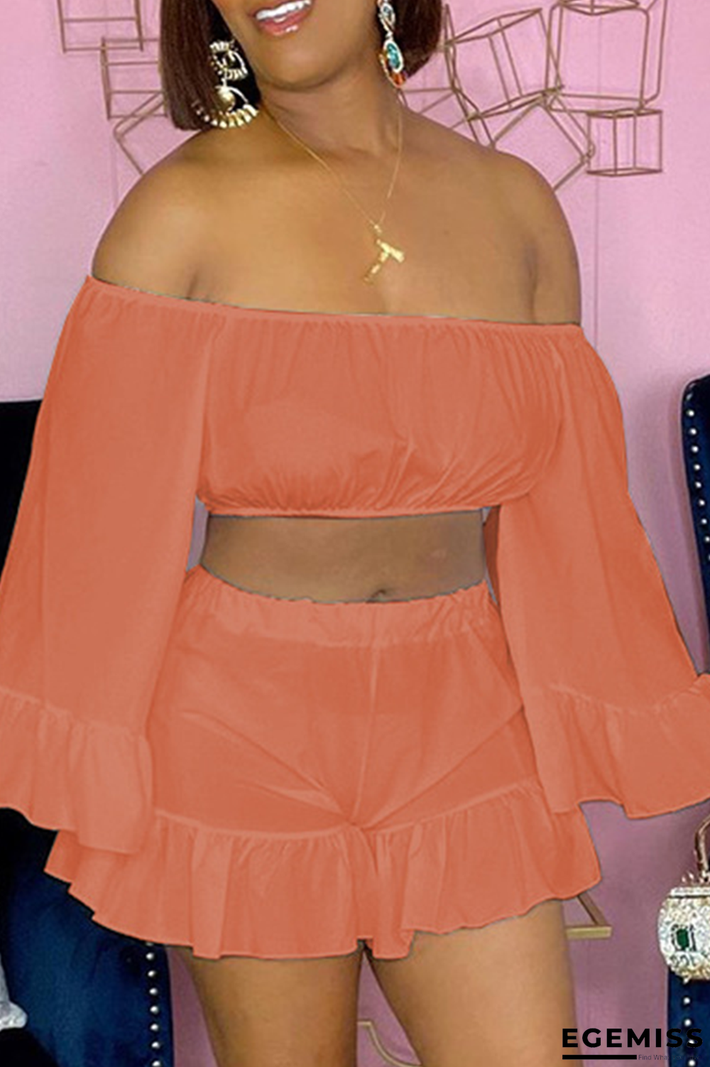 Tangerine Red Casual Solid Patchwork Off the Shoulder Long Sleeve Two Pieces | EGEMISS