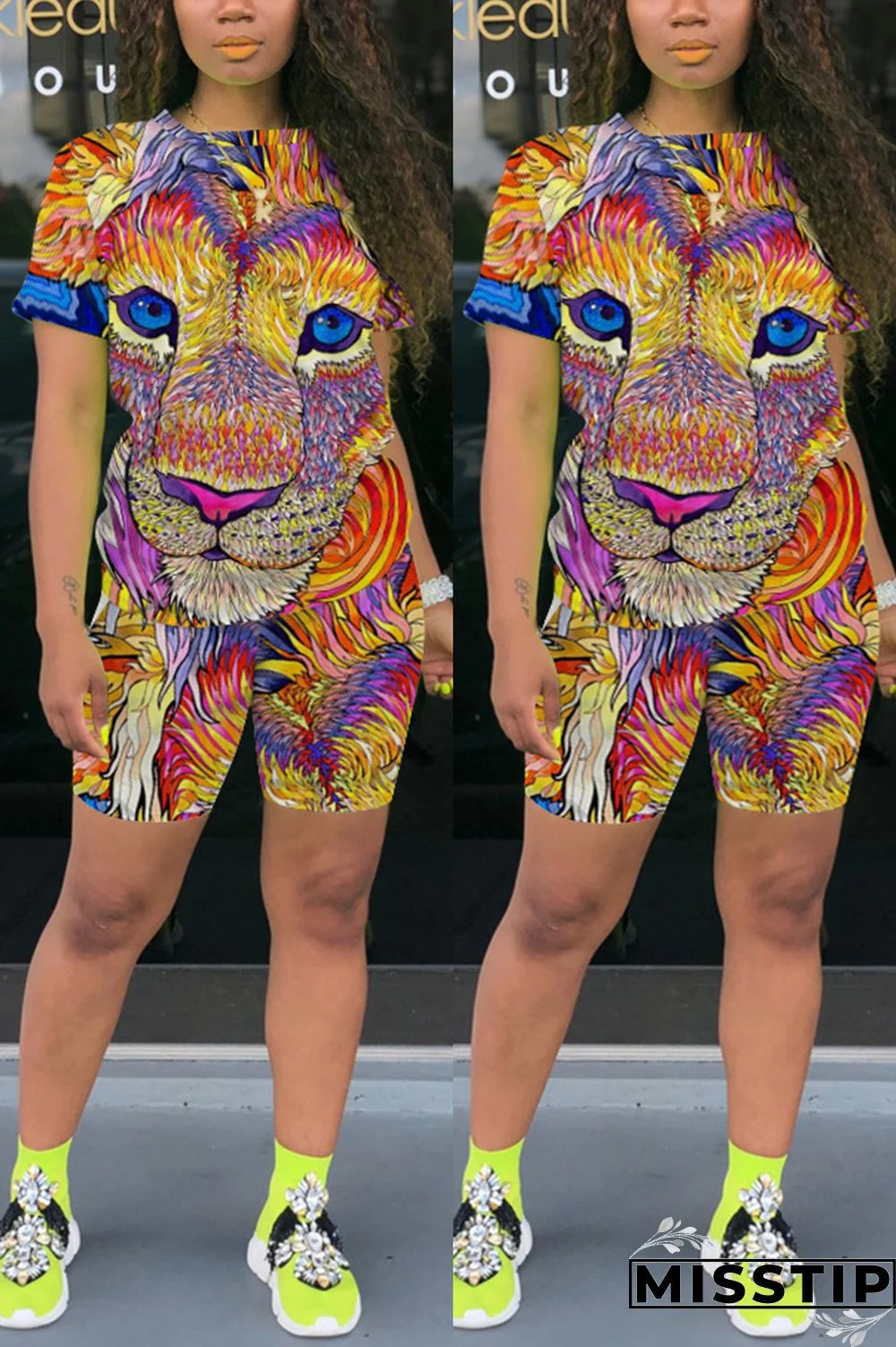 Yellow knit Sexy Patchwork Print Straight Short Sleeve Two Pieces