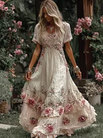 Women's Vintage Rose Embroidery Art Round Neck Short Sleeve Maxi Dress