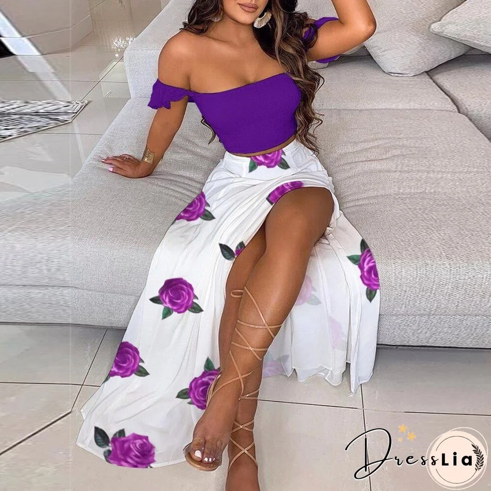 Summer Women's Two-Piece Oversized Fashion Strapless Boho Printed Long Skirt