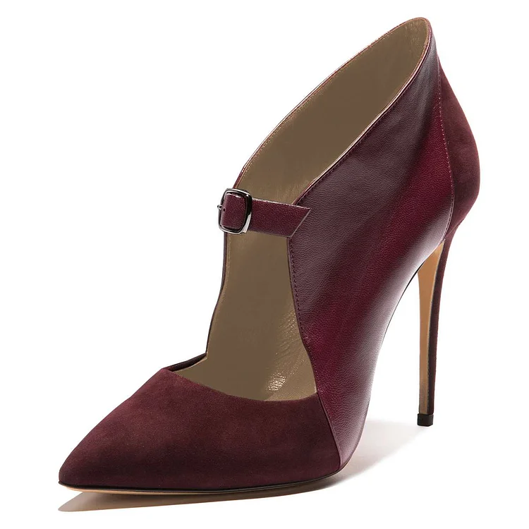 Maroon Suede Pointy Toe Buckle Stiletto Heels Pumps Vdcoo