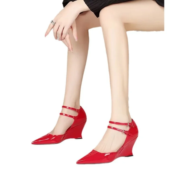 Yyvonne Spring And Summer Show New Slope Heel Red High Heels Women Patent Leather Sexy Bao Head Individual Sandals