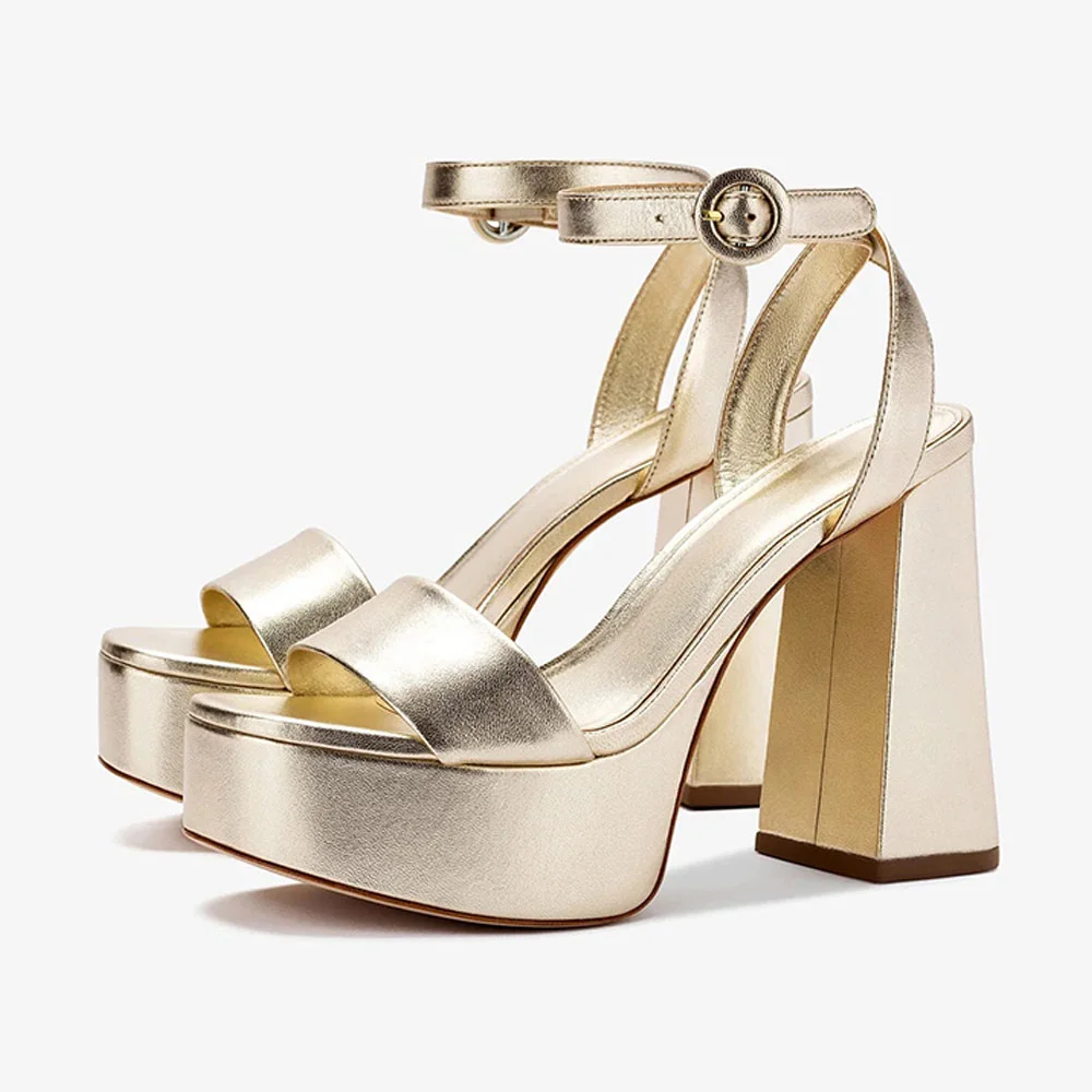 Round Toe Ankle Strap Buckle Platform Chunky Heel Gold Sandals