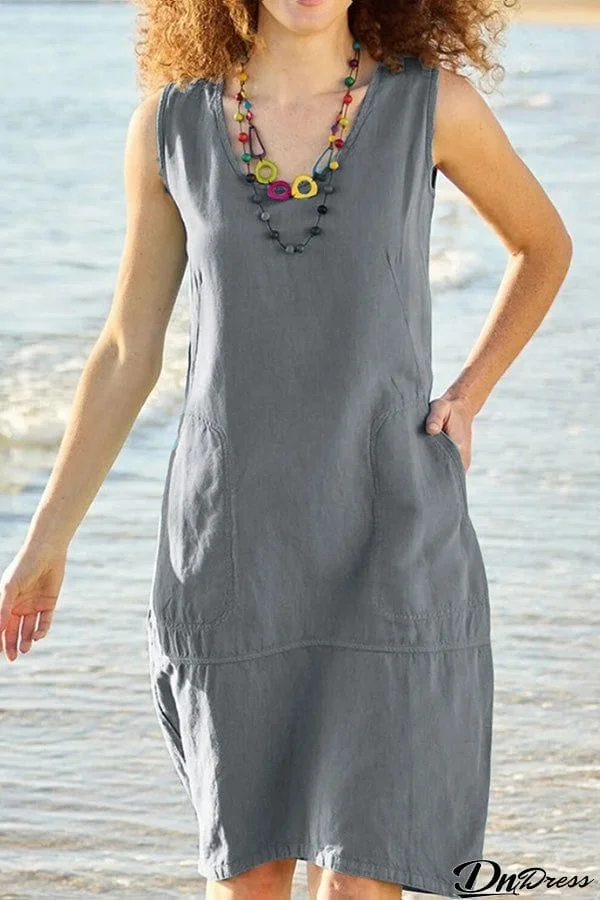 Chun color cotton and linen U-neck sleeveless pocket midi dress